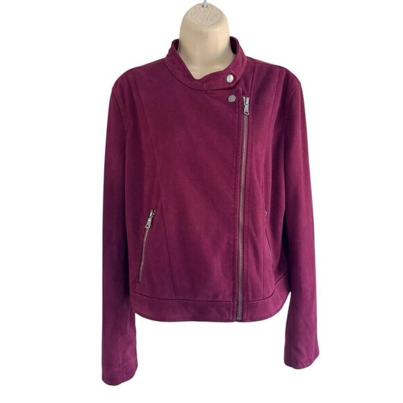 Banana Republic Fact. Womans Sz L Banded Collar Vegan Suede Moto Jacket Burgundy - Picture 2 of 11